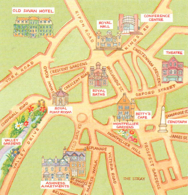 Map of central Harrogate showing location of Ashness Apartments